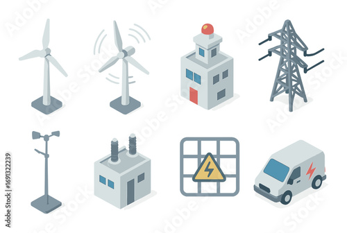 Energy and power flat icon set. featuring wind turbine, transmission tower, power plant, control building, and utility van.