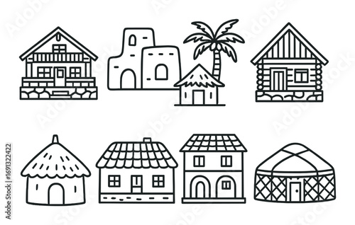 Traditional houses linear icon set. featuring cottages, yurts, huts, adobe, palm trees.