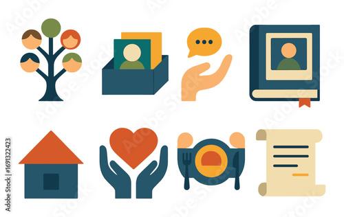 Community and family flat icon set. featuring family tree, volunteer, communication, education, housing, charity, and nutrition.