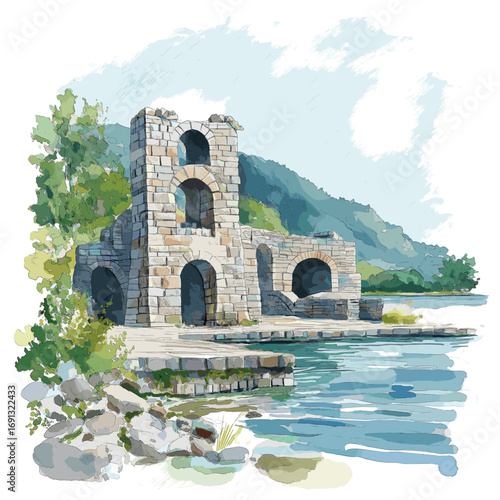 Butrint. Butrint watercolor vector illustration