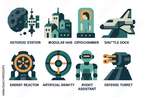 Space station silhouette icon set. featuring asteroid station, modular hab, cryo chamber, shuttle dock, and more.