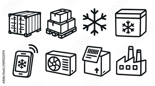 Industrial linear icon set. featuring cold chain, logistics, snowflake, refrigeration, and warehouse symbols.
