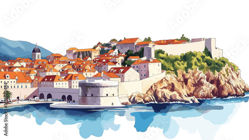 Dubrovnik Old Town and Walls. Dubrovnik Old Town and Walls watercolor vector illustration