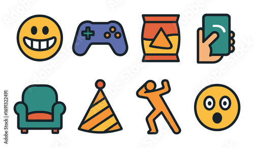 Party and leisure flat icon set. featuring emoji, game controller, chips, selfie, armchair, party hat, dancing, surprised icons.