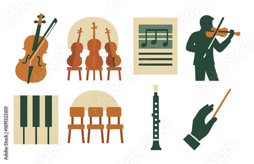 Orchestra instruments flat icon set. featuring cello, violin, sheet music, piano, flute, and conductor symbols.