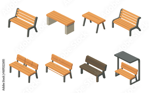 Park benches isometric icon set. featuring wooden, metal, curved, simple, double, rustic, and shelter designs.