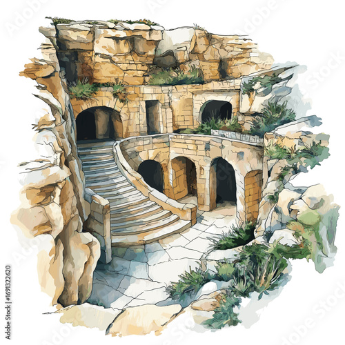 Hal Saflieni Hypogeum. Hal Saflieni Hypogeum watercolor vector illustration