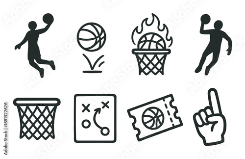 Basketball linear icons set. featuring player, ball, hoop, flaming ball, strategy, ticket, and foam finger.