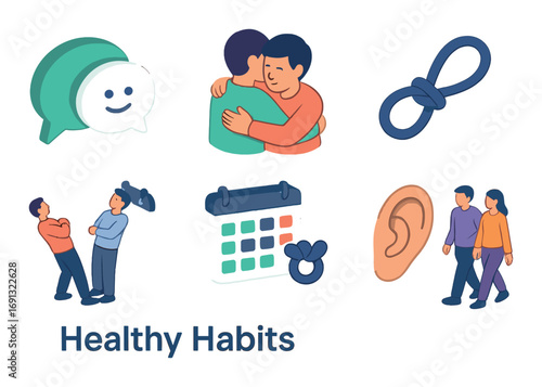 Healthy habits flat icons set. featuring communication, hugging, exercise, schedule, listening, and walking symbols.