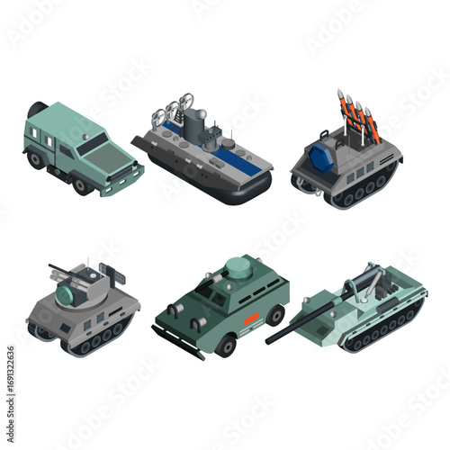 Set Isometric Collection of Military Vehicles for Army and Navy Forces