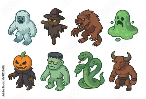 Halloween creatures flat icon set. featuring yeti, scarecrow, werewolf, ghost, jack-o'-lantern, frankenstein, hydra, minotaur.