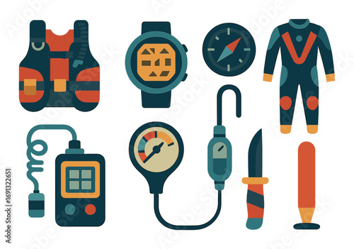 Diving equipment flat icon set. featuring suit, knife, compass, life vest, gauge, oxygen tank, dive computer.