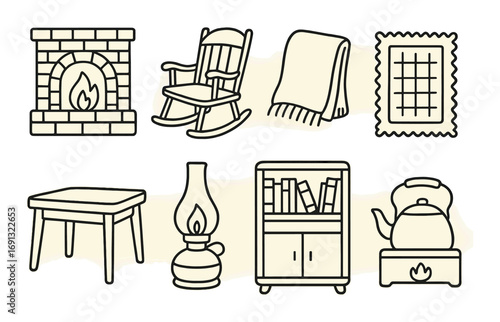 Cozy home linear icon set. featuring fireplace, rocking chair, blanket, quilt, stool, lamp, bookshelf, and kettle.