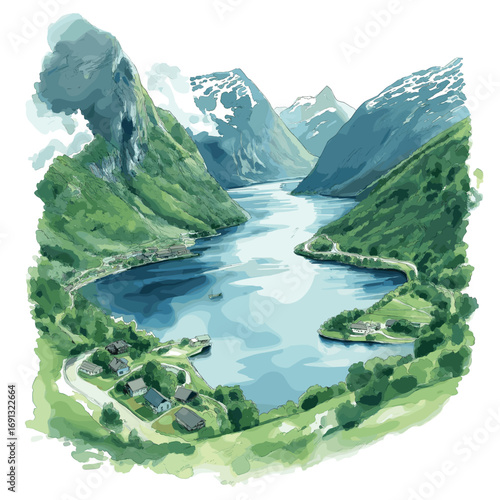 Geirangerfjord. Geirangerfjord watercolor vector illustration