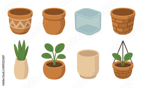 Gardening tools flat icon set. featuring pots, leaves, plants, hanging planters, vases, and planters.