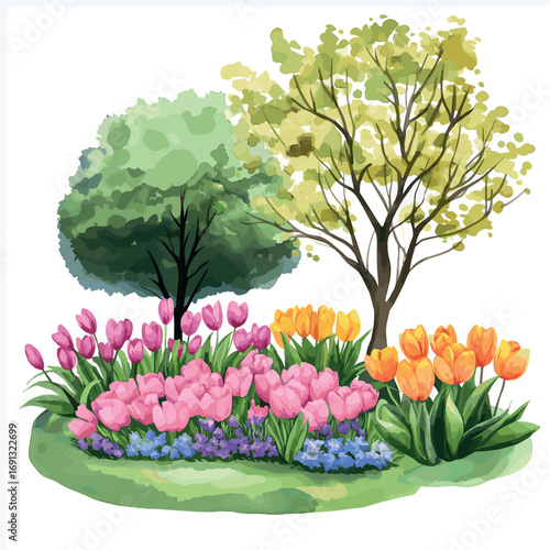 Keukenhof Gardens. Keukenhof Gardens watercolor vector illustration