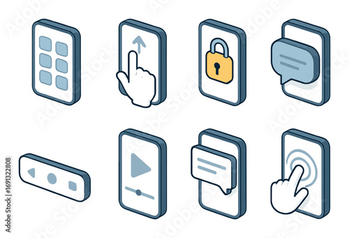 Smartphone interface silhouette icon set. featuring lock, message, tap, swipe, play, and menu symbols.