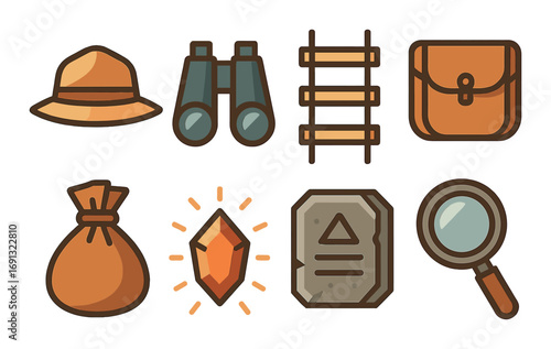 Adventure and exploration flat icon set. featuring hat, binoculars, ladder, backpack, bag, crystal, map, magnifying glass.