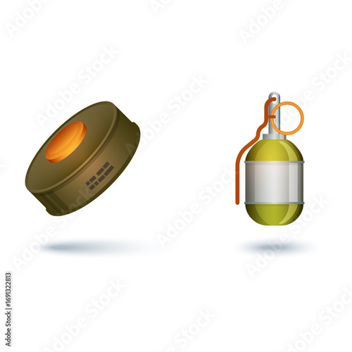 Hazardous military devices an explosive landmine and a powerful hand grenade