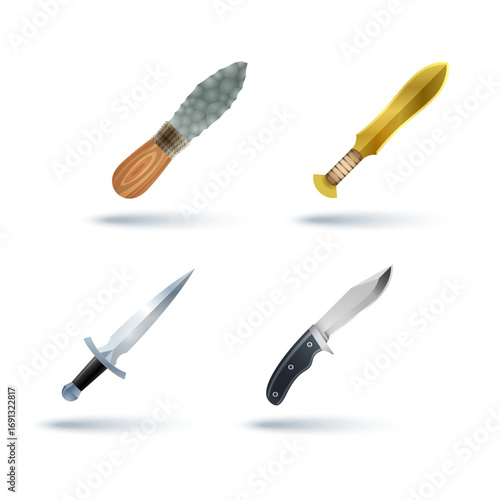 Set of various knives and swords isolated on white. Weaponry or tools concept set