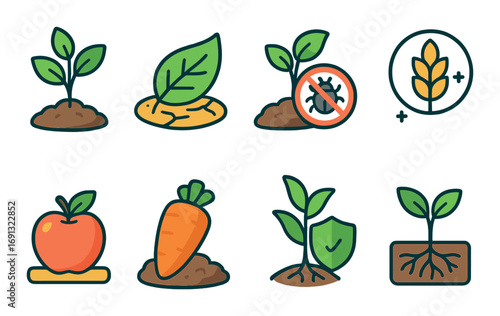 Agriculture linear icon set. featuring plant, leaf, pest, wheat, apple, carrot, protection, and roots.