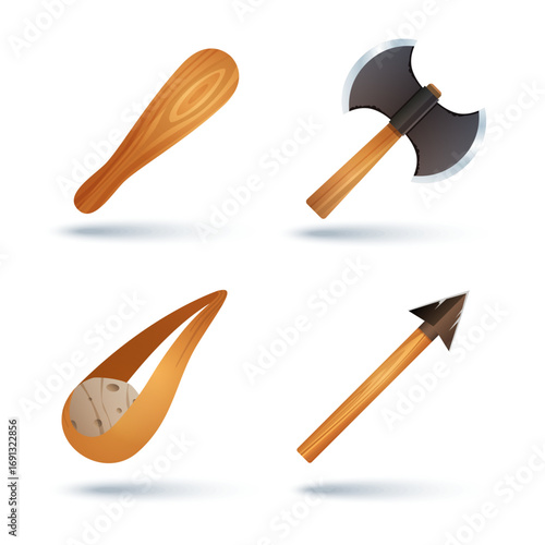 Collection of primitive weapons club, axe, slingshot, and spear set
