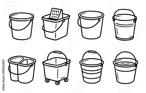 Cleaning tools linear icon set. featuring mop, bucket, sponge, gloves, brush, spray, duster, and detergent symbols.