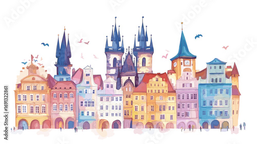 Old Town Square in Prague. Old Town Square in Prague watercolor vector illustration