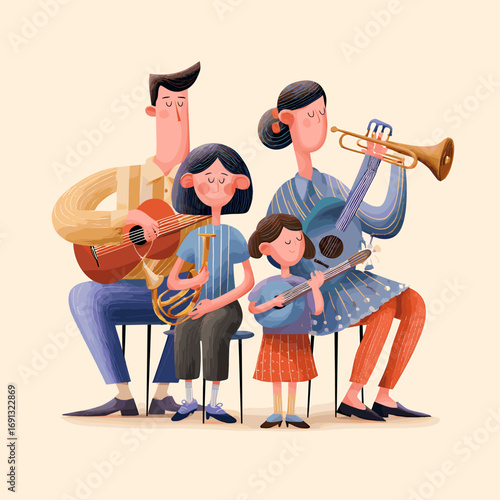 Family making music together. The image depicts a family of four enjoying music. They are dressed casually, creating music together