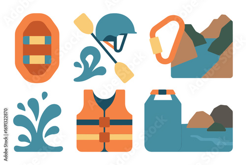 Water sports flat icon set. featuring raft, paddle, helmet, carabiner, life jacket, river, splash.