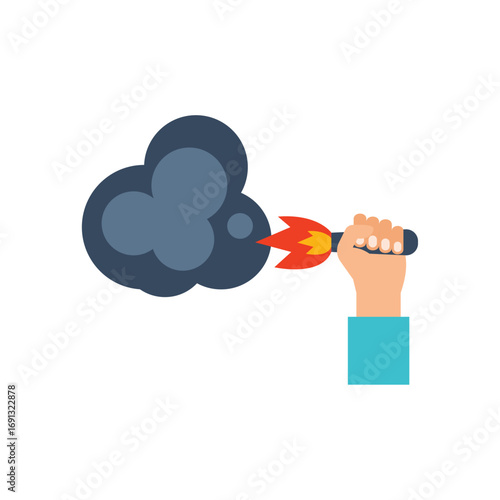 Hand holding a lit flare, releasing smoke and fire on a white background