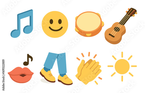 Music and expression flat icon set. featuring music note, smiley, tambourine, guitar, lips, dance, clapping, sun.