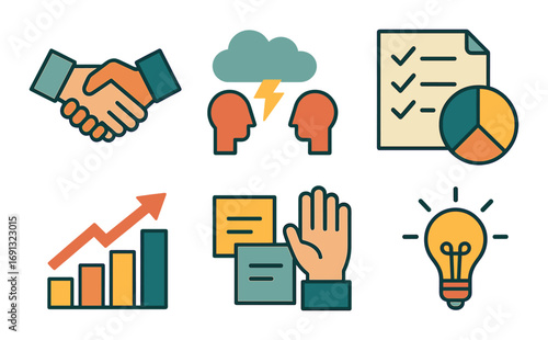 Business communication flat icon set. featuring handshake, conversation, checklist, growth, speech, and idea symbols.
