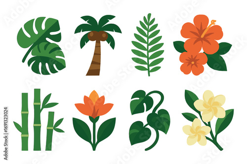 Tropical plants flat icon set. featuring monstera, palm, fern, hibiscus, bamboo, lotus, philodendron, and plumeria.