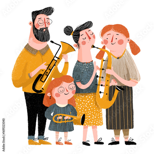 A Family Band Playing Instruments, Harmony in Music, a Beautiful Illustration of music harmony