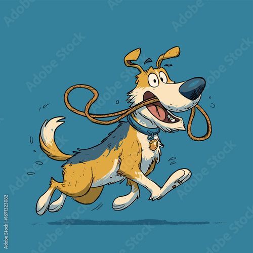 An excited cartoon dog running happily with a leash in his mouth. The dog is full of joy and anticipation.