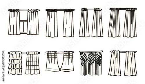 Curtains linear icon set. featuring drapes, blinds, shades, macrame, decorated, folded, and window coverings.