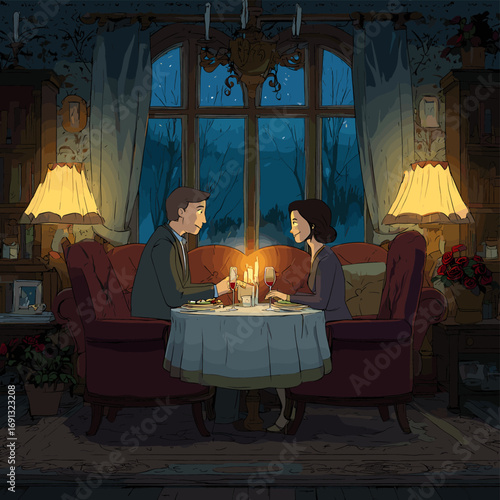 A romantic dinner scene, with a couple seated in a cozy, candlelit room. They appear to be deeply engaged in conversation, creating a warm and intimate atmosphere.