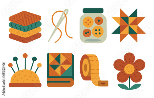 Crafting flat icon set. featuring quilt, needle, button jar, star patch, pincushion, book, tape, flower.