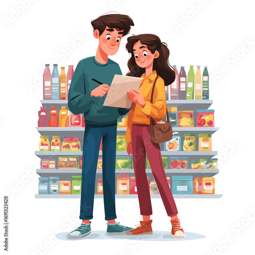 A couple reviewing a shopping list in a grocery store, surrounded by various food products on shelves