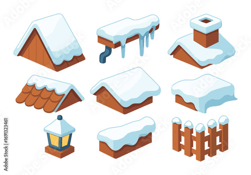 Winter silhouette icon set. featuring roof, icicles, snow, chimney, lantern, and fence symbols.