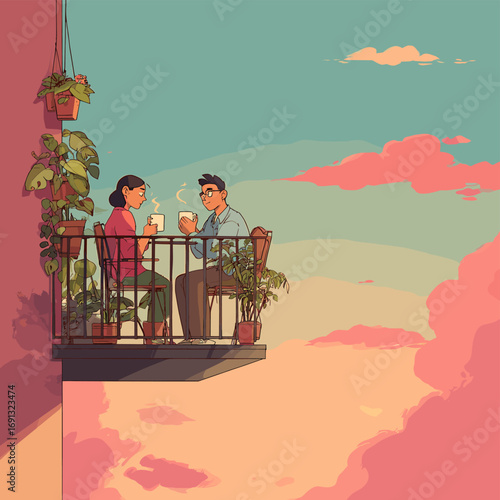 A couple enjoys a tranquil moment on a balcony, sipping coffee as they watch the sunset, surrounded by potted plants. 