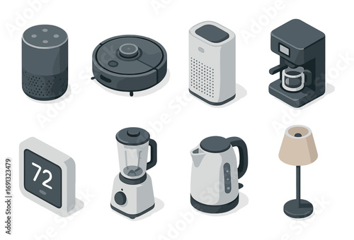 Smart home devices flat icon set. featuring speaker, vacuum, air purifier, coffee maker, thermostat, blender, kettle, lamp.