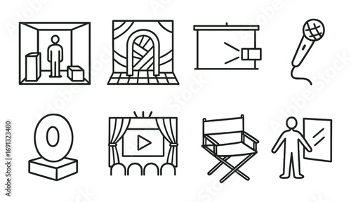 Cinema and theater linear icon set. featuring scene, curtain, microphone, award, director's chair, mirror.