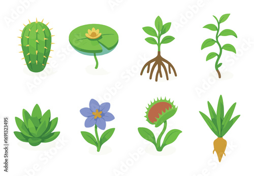 Nature silhouette icon set. featuring cactus, lotus, seedling, sapling, succulent, flower, venus flytrap, and root vegetable.