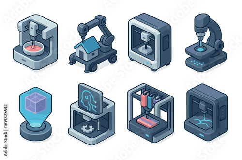 Technology and science isometric icon set. featuring 3d printer, microscope, robotic arm, and laser cutter symbols.