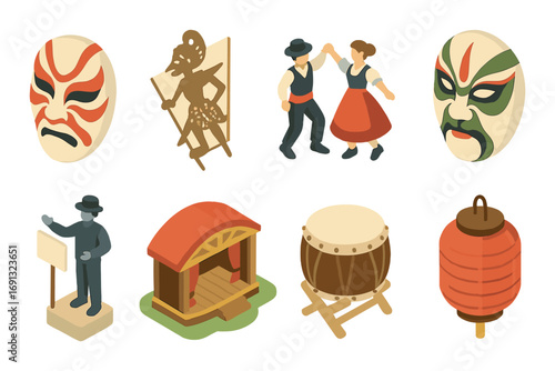 Cultural elements isometric icon set. featuring mask, dance, theater, lantern, and drum symbols.
