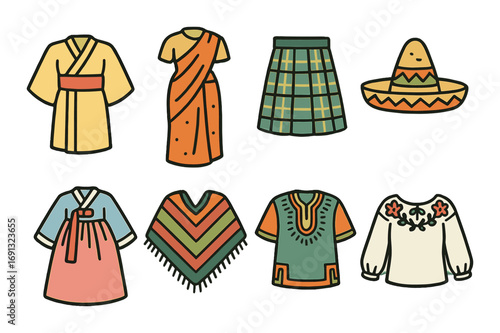 Cultural clothes flat icon set. featuring kimono, sari, kilt, sombrero, hanbok, poncho, dashiki, embroidered shirt.