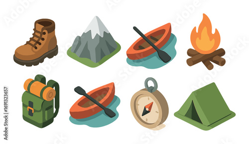 Camping equipment flat icon set. featuring boot, mountain, kayak, campfire, backpack, compass, and tent icons.