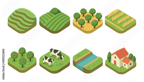 Agriculture isometric icon set. featuring fields, orchard, livestock, canal, and farmhouse scenes.